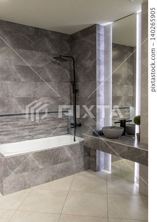 Contemporary Washroom Design Featuring Black Rainfall Shower and Vessel Sink 140265905