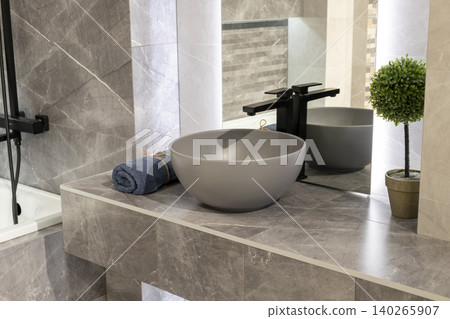 Contemporary Washroom Design Featuring Black Rainfall Shower and Vessel Sink Contemporary Washroom Design Featuring Black Rainfall Shower and Vessel Sink 140265907