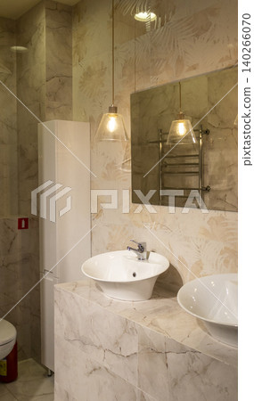 Contemporary Restroom Decor Featuring Ceramic Sink and Textured Geometric Wall Contemporary Restroom Decor Featuring Ceramic Sink and Textured Geometric Wall 140266070