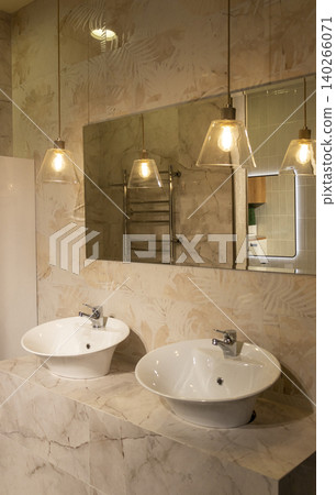 Contemporary Restroom Decor Featuring Ceramic Sink and Textured Geometric Wall Contemporary Restroom Decor Featuring Ceramic Sink and Textured Geometric Wall 140266071