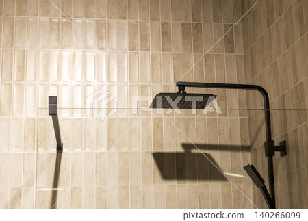 Modern Bathroom Shower Stall Setup with Textured Beige Vertical Tiles Modern Bathroom Shower Stall Setup with Textured Beige Vertical Tiles 140266099
