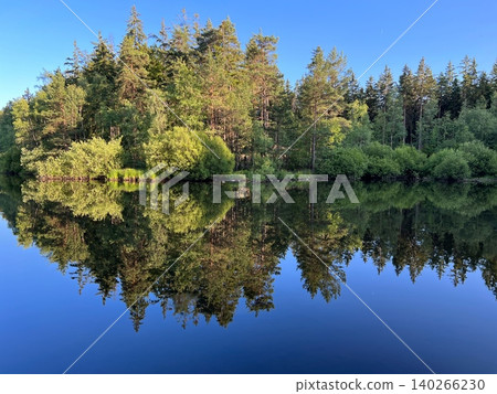 Tranquil lake reflecting lush green forest under clear blue sky Tranquil lake reflecting lush green forest under clear blue sky 140266230