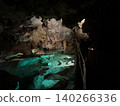 Underground cave with illuminated water and rocky formations visible 140266336