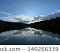Serene lake landscape reflecting clouds and trees under blue sky 140266339