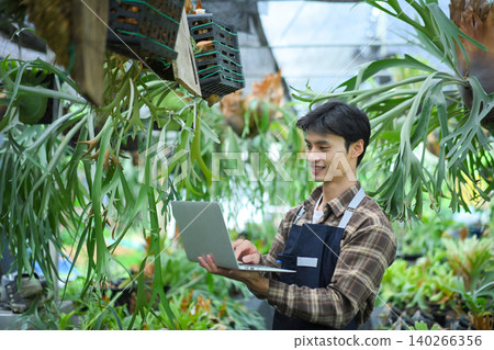 Gardener using laptop among staghorn fern in greenhouse Gardener using laptop among staghorn fern in greenhouse 140266356