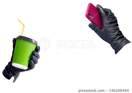 Human hands in leather gloves with mobile phone and disposable cup Human hands in leather gloves with mobile phone and disposable cup 140266484