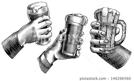 Hand with a beer glass or mug. Wooden and glass made cup with a drink. Hand drawn engraved Hand with a beer glass or mug. Wooden and glass made cup with a drink. Hand drawn engraved 140266560