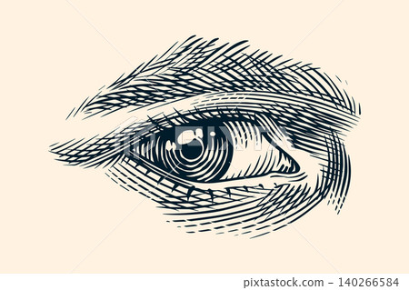 Human eye drawing in engraved hand drawn style. Traditional hatching technique with caucasian female Human eye drawing in engraved hand drawn style. Traditional hatching technique with caucasian female 140266584