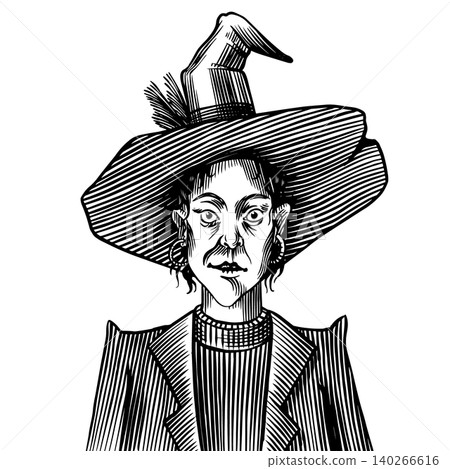 Old woman witch in cone hat for magic rituals and spiritualism and halloween. Fully digital hand Old woman witch in cone hat for magic rituals and spiritualism and halloween. Fully digital hand 140266616