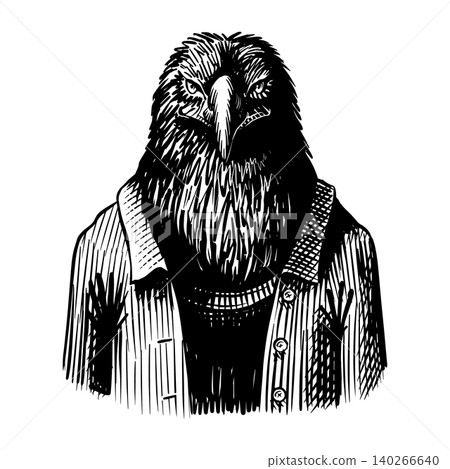 Animal Eagle or falcon bird character in aviator jacket clothes in hand drawn engraved old vintage Animal Eagle or falcon bird character in aviator jacket clothes in hand drawn engraved old vintage 140266640