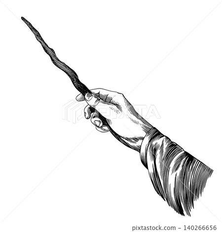 Hand holding a magic wand. Wizardry and witchcraft elements for magic rituals and spiritualism and Hand holding a magic wand. Wizardry and witchcraft elements for magic rituals and spiritualism and 140266656