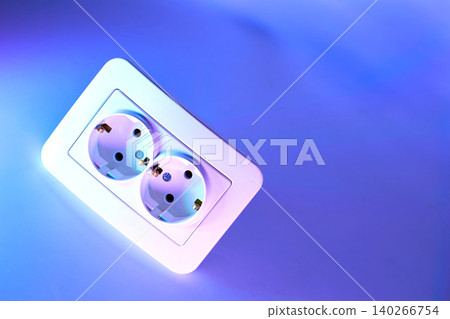 Neon blue light with double electrical plug socket for connecting devices Neon blue light with double electrical plug socket for connecting devices 140266754