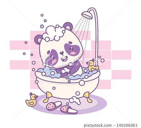 Cute Panda Cartoon Bear in Bubble Bath with Foam and Rubber Duck. Funny Kawaii Animal Character in Shower in Bathroom. Vector illustration. Spa Day Routine. Kids collection. Cute Panda Cartoon Bear in Bubble Bath with Foam and Rubber Duck. Funny Kawaii Animal Character in Shower in Bathroom. Vector illustration. Spa Day Routine. Kids collection. 140266861