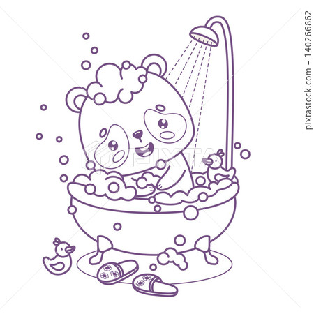Outline Cute Panda Cartoon Bear in Bubble Bath with Rubber Duck. Funny Kawaii Animal Character in Shower in Bathroom. Line drawing, coloring page. Vector illustration. Spa Day Routine. Kids Outline Cute Panda Cartoon Bear in Bubble Bath with Rubber Duck. Funny Kawaii Animal Character in Shower in Bathroom. Line drawing, coloring page. Vector illustration. Spa Day Routine. Kids 140266862