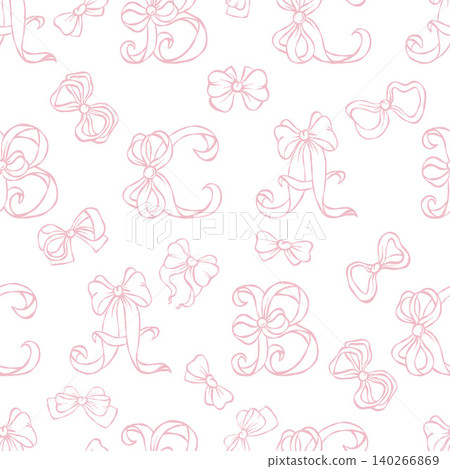 Seamless Pattern Pink Coquette Letters With Ribbon Bows. Linear Hand Drawn Aesthetic vintage Elegant Girly Typography On White Background. Vector Illustration. Feminine Stationery And Wedding Design. Seamless Pattern Pink Coquette Letters With Ribbon Bows. Linear Hand Drawn Aesthetic vintage Elegant Girly Typography On White Background. Vector Illustration. Feminine Stationery And Wedding Design. 140266869