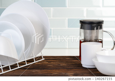 Tea served on a wooden kitchen table 140267155