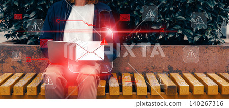 Scam message alerts appear while someone reads on a bench in a public space Scam message alerts appear while someone reads on a bench in a public space 140267316
