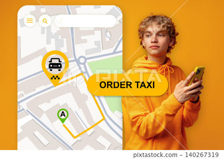 Person looks at phone while using map to order taxi in urban area Person looks at phone while using map to order taxi in urban area 140267319