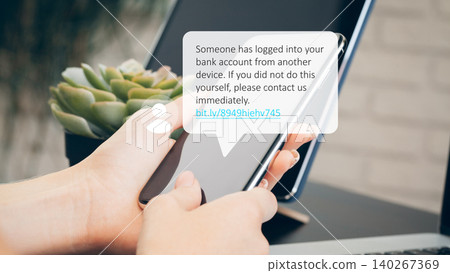 Scam call sms message warns about bank account access from another device Scam call sms message warns about bank account access from another device 140267369