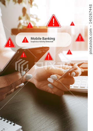 Mobile banking scam call alert message received on smartphone in home office setting Mobile banking scam call alert message received on smartphone in home office setting 140267448