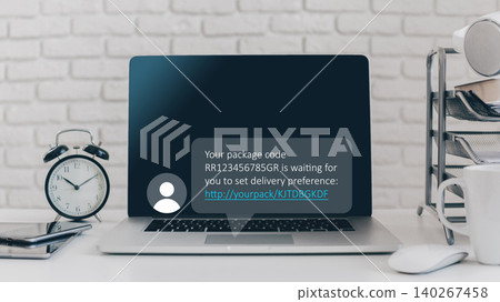 Scam message about package code received on a computer screen with a clock on a desk Scam message about package code received on a computer screen with a clock on a desk 140267458