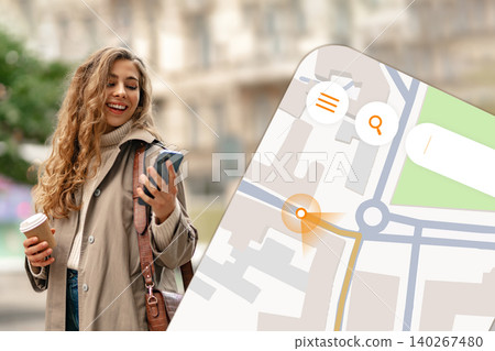 Using a smartphone to find taxi location on map while smiling in a city area Using a smartphone to find taxi location on map while smiling in a city area 140267480