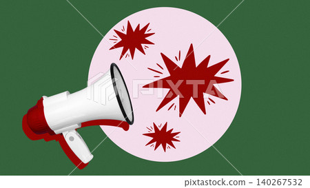 News alert announced with a megaphone on a pink background with red stars 140267532