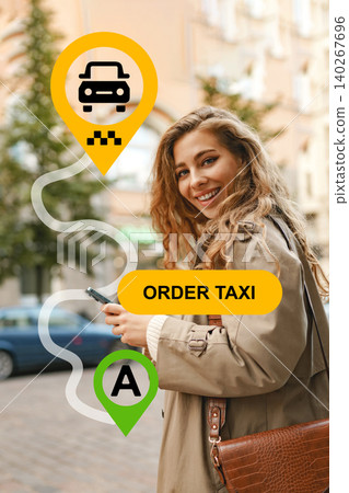 Woman using mobile app to order taxi on city street in front of building Woman using mobile app to order taxi on city street in front of building 140267696