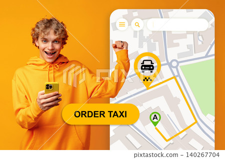 Young person orders a taxi using a smartphone app during the day Young person orders a taxi using a smartphone app during the day 140267704