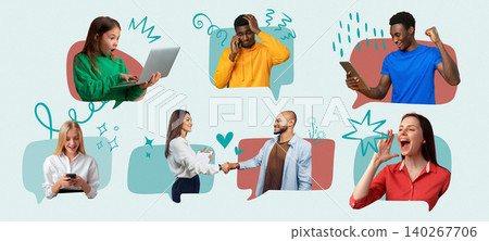 Group of people sharing messages and news in different ways at various times Group of people sharing messages and news in different ways at various times 140267706