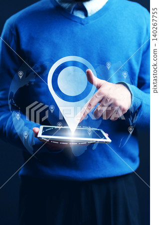 User points to map location on tablet showing taxi route for travel planning User points to map location on tablet showing taxi route for travel planning 140267755