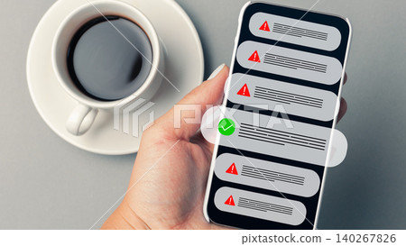 Scam call sms messages received on a smartphone while having coffee 140267826