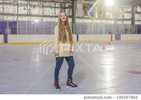 Woman ice skating alone at indoor rink, practicing winter sport, balance, active lifestyle and recreation in a bright public skating arena concept Woman ice skating alone at indoor rink, practicing winter sport, balance, active lifestyle and recreation in a bright public skating arena concept 140267868