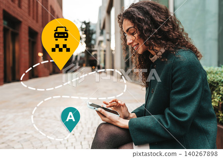 Taxi route planning with a smartphone in a city setting in the afternoon Taxi route planning with a smartphone in a city setting in the afternoon 140267898