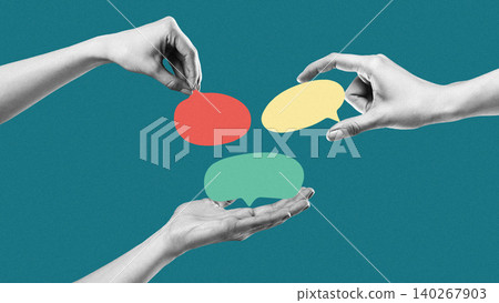 Hands exchanging speech bubbles in a creative discussion about news and ideas 140267903