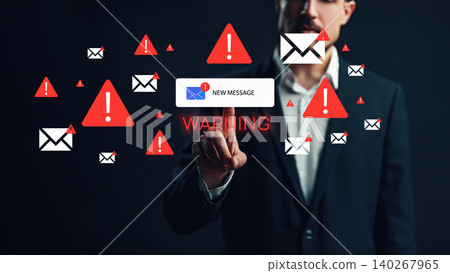 Scam call sms message warning on a digital display with alert icons Scam call sms message warning on a digital display with alert icons 140267965