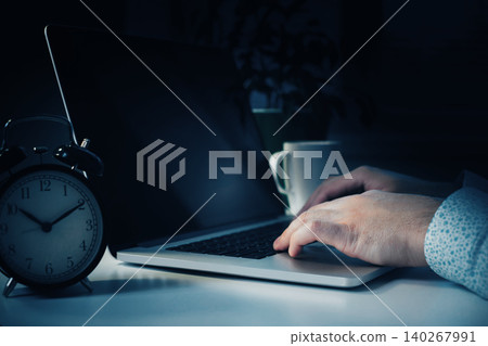 Scam message received while working late at night with coffee and clock on table Scam message received while working late at night with coffee and clock on table 140267991