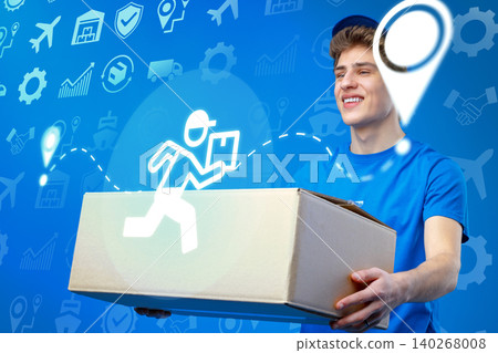 Logistics worker delivers package in digital environment with icons representing services Logistics worker delivers package in digital environment with icons representing services 140268008