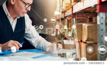 Logistics manager works with data in a warehouse during the day Logistics manager works with data in a warehouse during the day 140268011