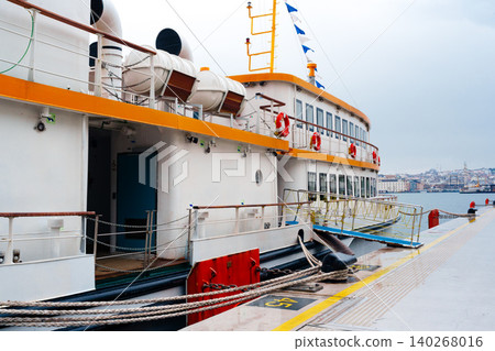 Large ferry boat docked by a pier near city buildings on a cloudy day 140268016