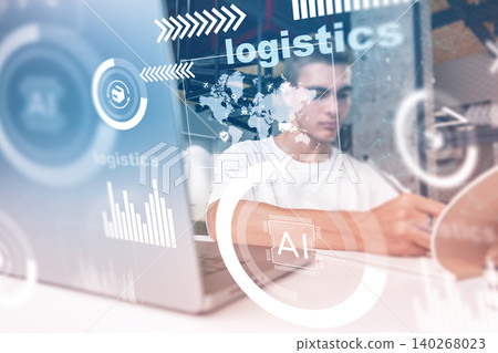Logistics worker uses technology to manage supply chain tasks in an office setting Logistics worker uses technology to manage supply chain tasks in an office setting 140268023