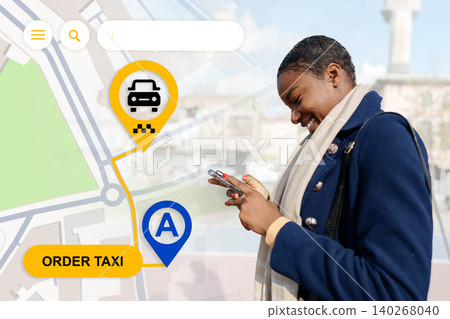 User orders taxi through a map application in a busy city area User orders taxi through a map application in a busy city area 140268040
