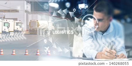 Logistics planning takes place in a busy transport and shipping area during the day Logistics planning takes place in a busy transport and shipping area during the day 140268055