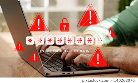 Scam message warns users to enter OTP code while typing on a laptop Scam message warns users to enter OTP code while typing on a laptop 140268076