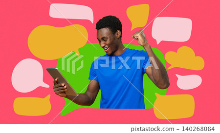 Person celebrates good news while looking at a tablet with speech bubbles in the background 140268084