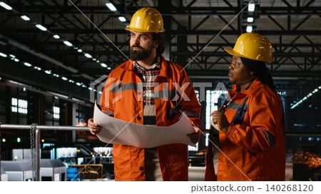 Two diverse engineers analyze blueprints and construction instructions in heavy industry factory. Using technical plans for heavy equipment operations to ensure industrial production. Two diverse engineers analyze blueprints and construction instructions in heavy industry factory. Using technical plans for heavy equipment operations to ensure industrial production. 140268120