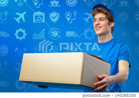 A young worker carries a shipping box in a logistics setting filled with transport icons A young worker carries a shipping box in a logistics setting filled with transport icons 140268188