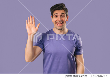 Friendly 30s aged man Waving Hand - Hello, Hi, salute, chao. Greetings on violet Friendly 30s aged man Waving Hand - Hello, Hi, salute, chao. Greetings on violet 140268263