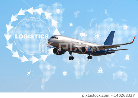 Logistics plane flying above a world map showing global supply chain connections 140268327