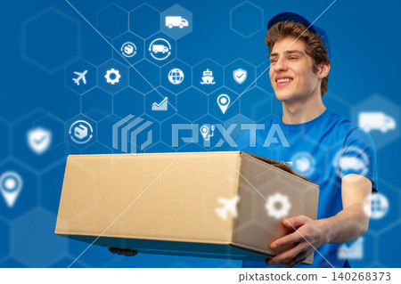 Logistics worker carries a box while using technology for delivery and tracking Logistics worker carries a box while using technology for delivery and tracking 140268373